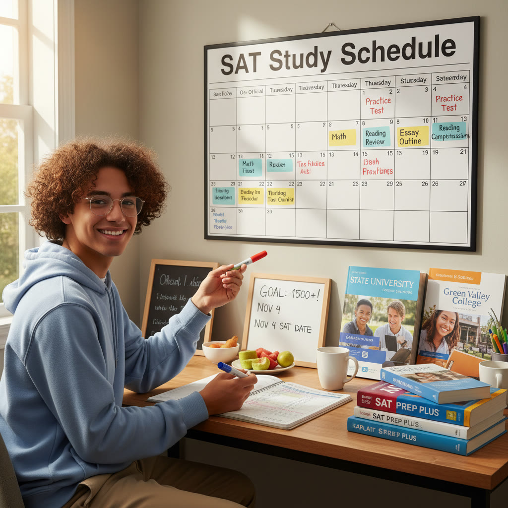 Student sitting at a desk with a calendar, SAT prep books, and college brochures spread out—planning a weekly schedule.