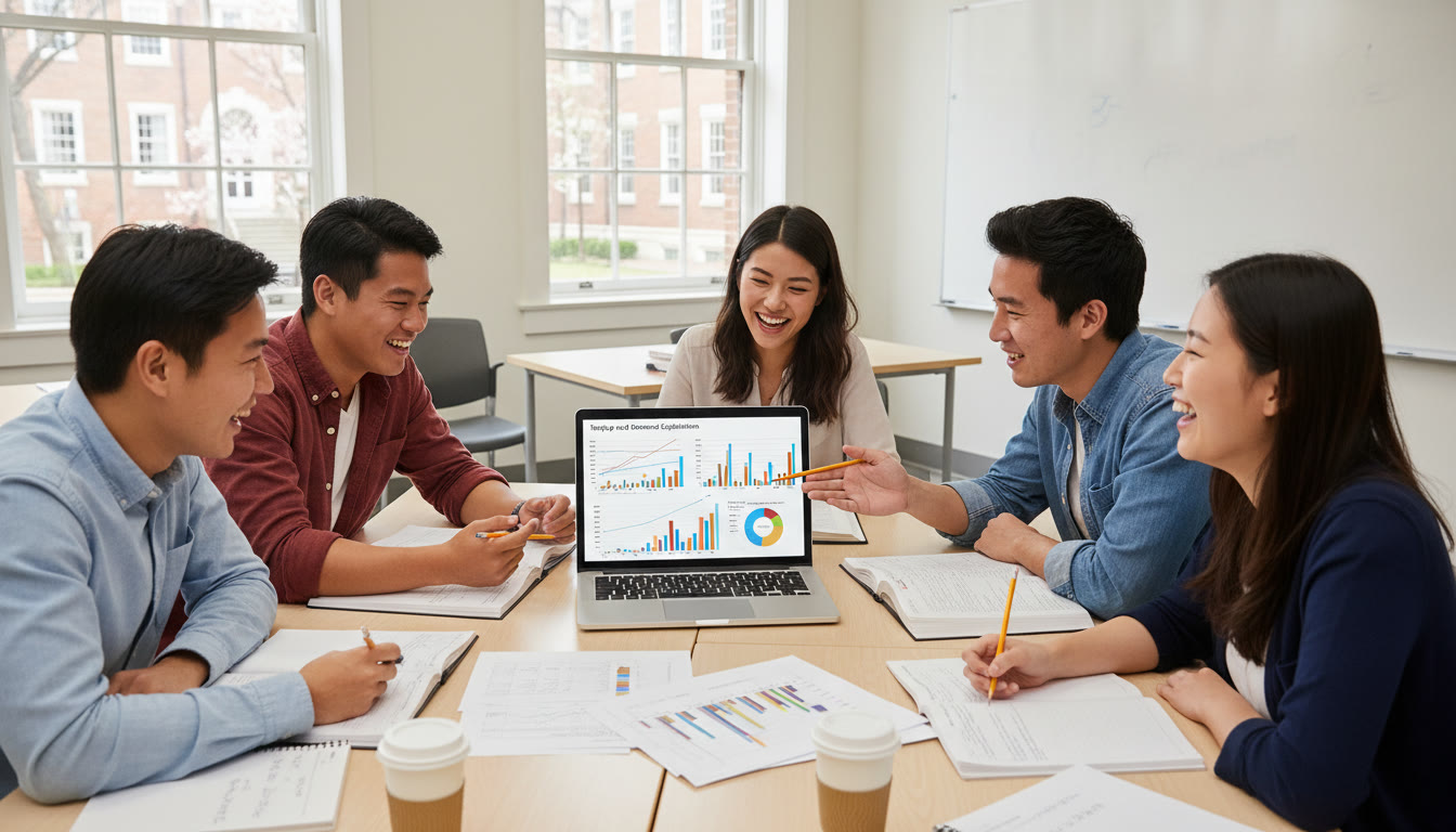 Photo Idea : A small study group in a college classroom, pointing at graphs on a laptop and working through an economics problem set — useful for the section about preparation and support.