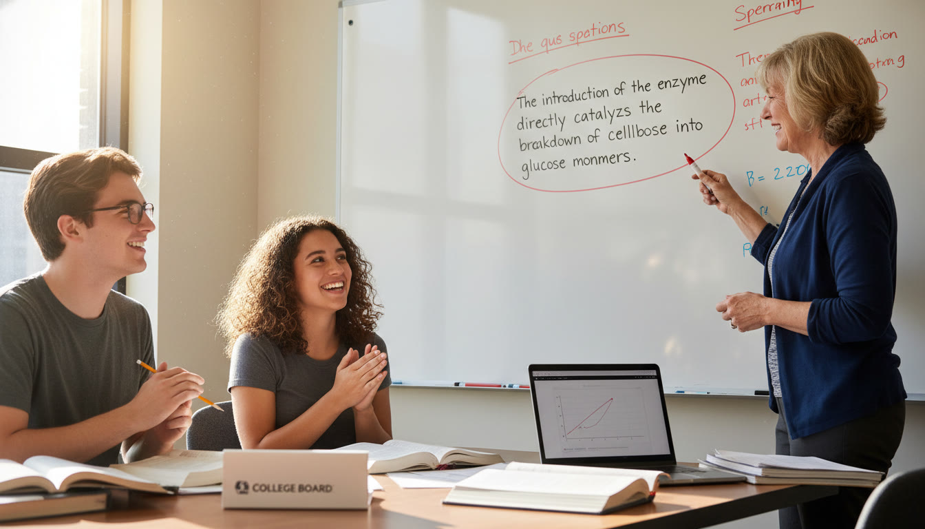 Photo Idea : Two students and a tutor around a whiteboard, with the tutor circling the single critical sentence that made the solution score‑worthy — conveys personalized feedback improving concise explanations.