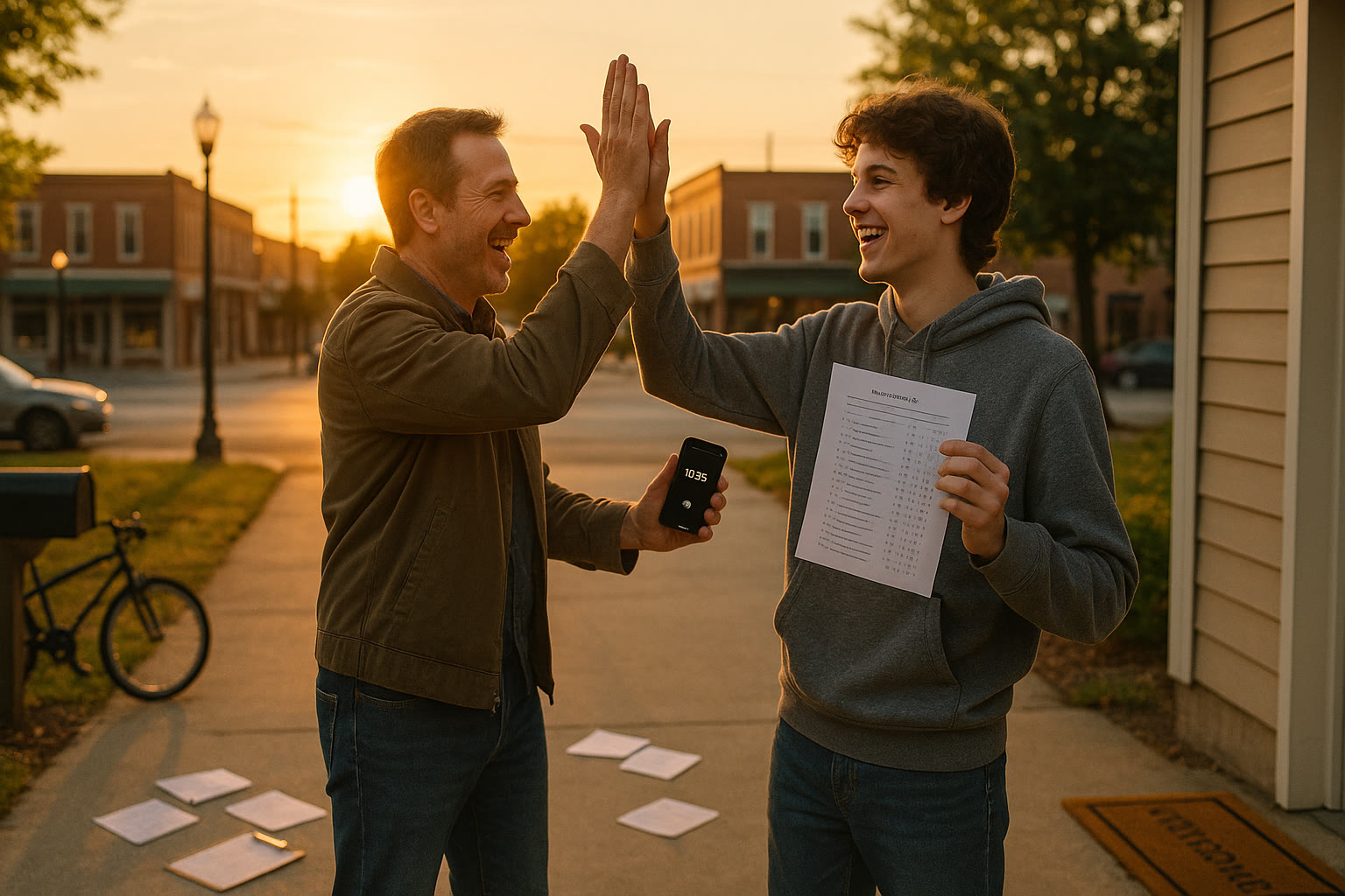 Photo Idea : A parent and teen high-fiving in the driveway after a timed practice test, the sun setting over a small-town main street in the background.