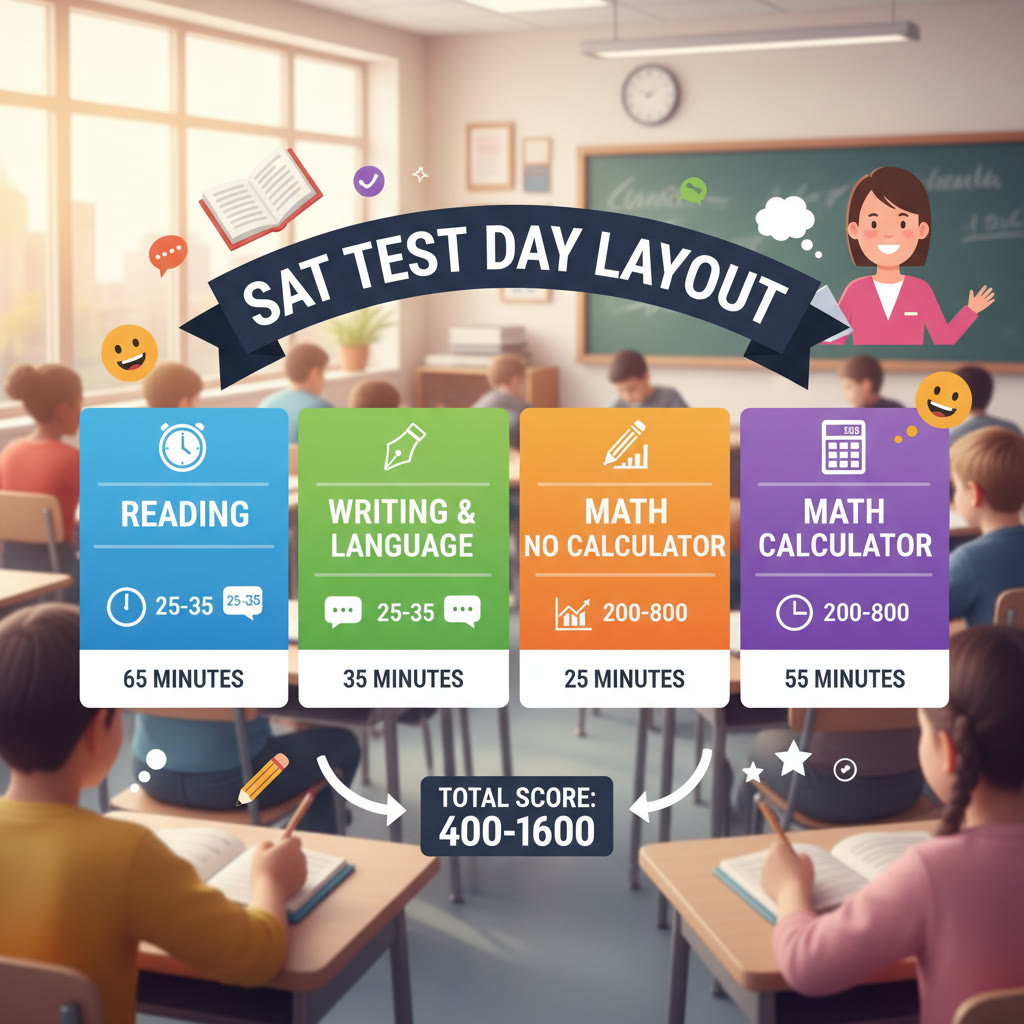 A clear infographic that shows the SAT test-day layout with four blocks (Reading, Writing & Language, Math No Calculator, Math Calculator), accompanied by icons for time and score ranges.