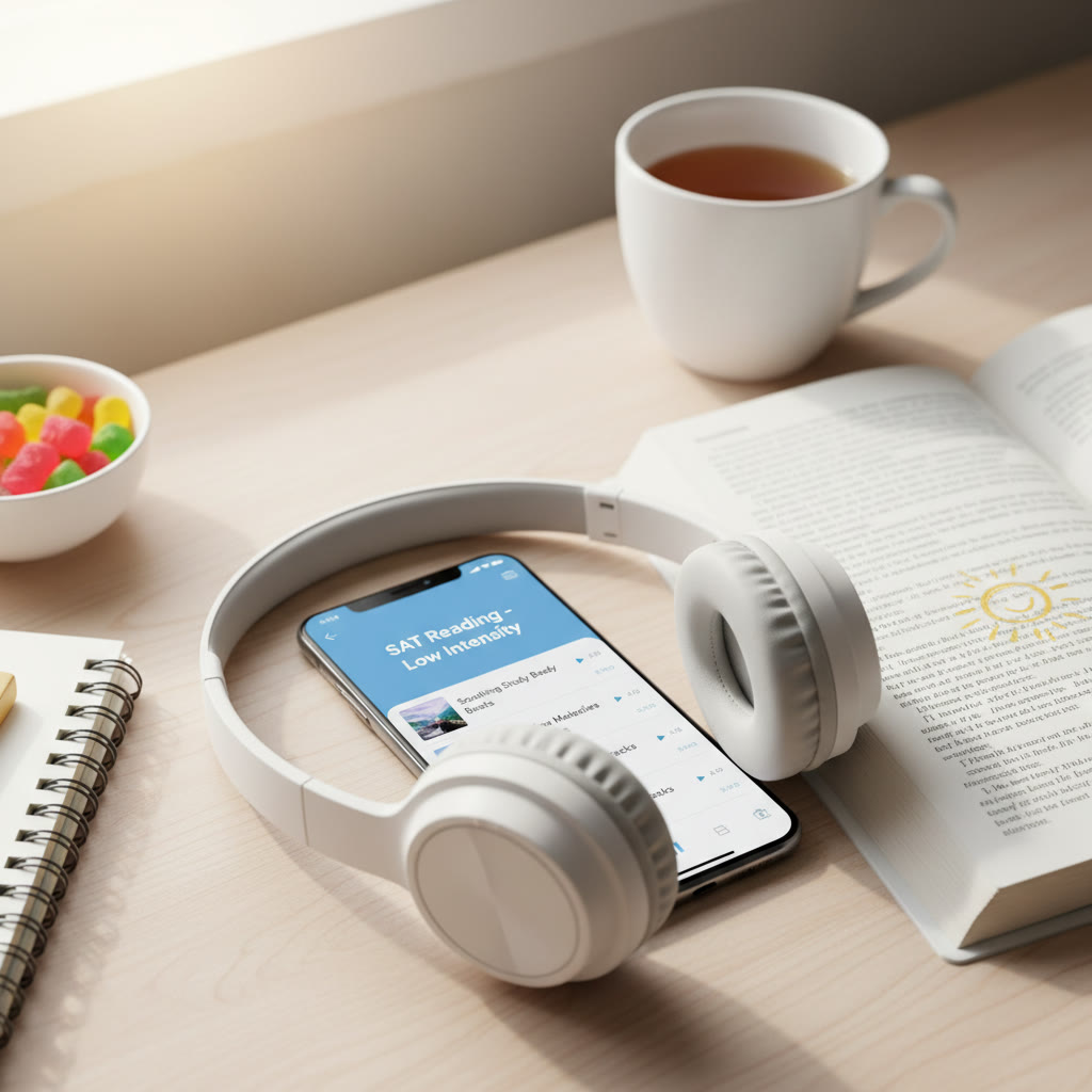 Close-up of a phone screen showing a labeled playlist titled 'SAT Reading - Low Intensity' with headphones beside it—suggested image to illustrate curated study playlists.