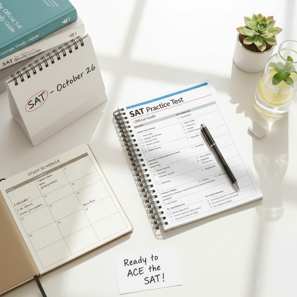 Flat-lay of a balanced study desk: calendar, planner, open practice test, water bottle — communicates an organized, calm prep environment