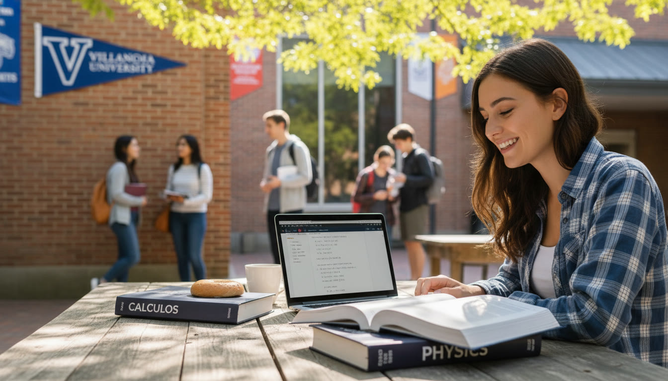 Photo Idea : A bright, candid shot of a student studying at a campus-like coffee table with textbooks labeled Calculus and Physics, a laptop open to notes, and a Villanova pennant subtly in the background.