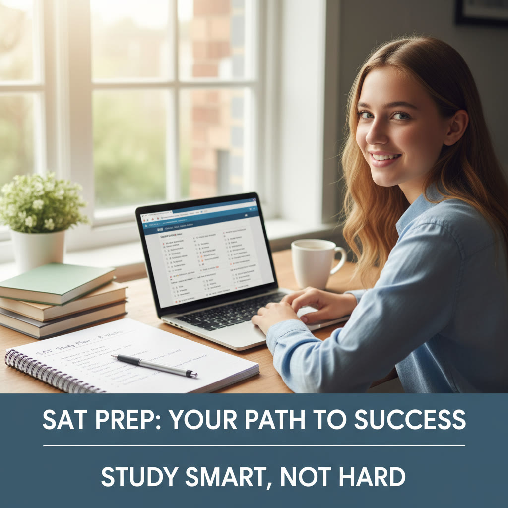 Photo Idea : A focused student at a desk in natural light, laptop open to SAT practice questions and a notebook with a study plan; the scene shows steady, calm work rather than frantic studying.
