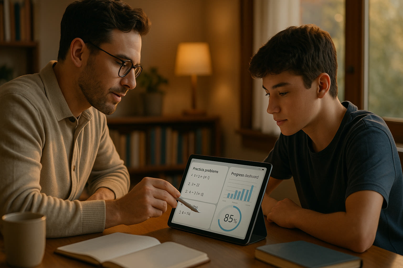 Photo Idea : A tutor and student working over a tablet showing practice problems and analytics, warm lighting, focused expressions—conveys partnership, clarity, and calm progress.