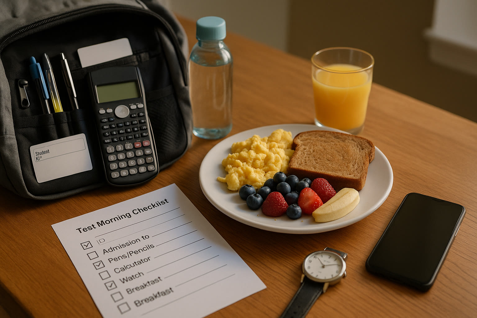 Photo Idea : A photo of a packed test bag next to a healthy breakfast plate and a printed checklist for test-morning routine.