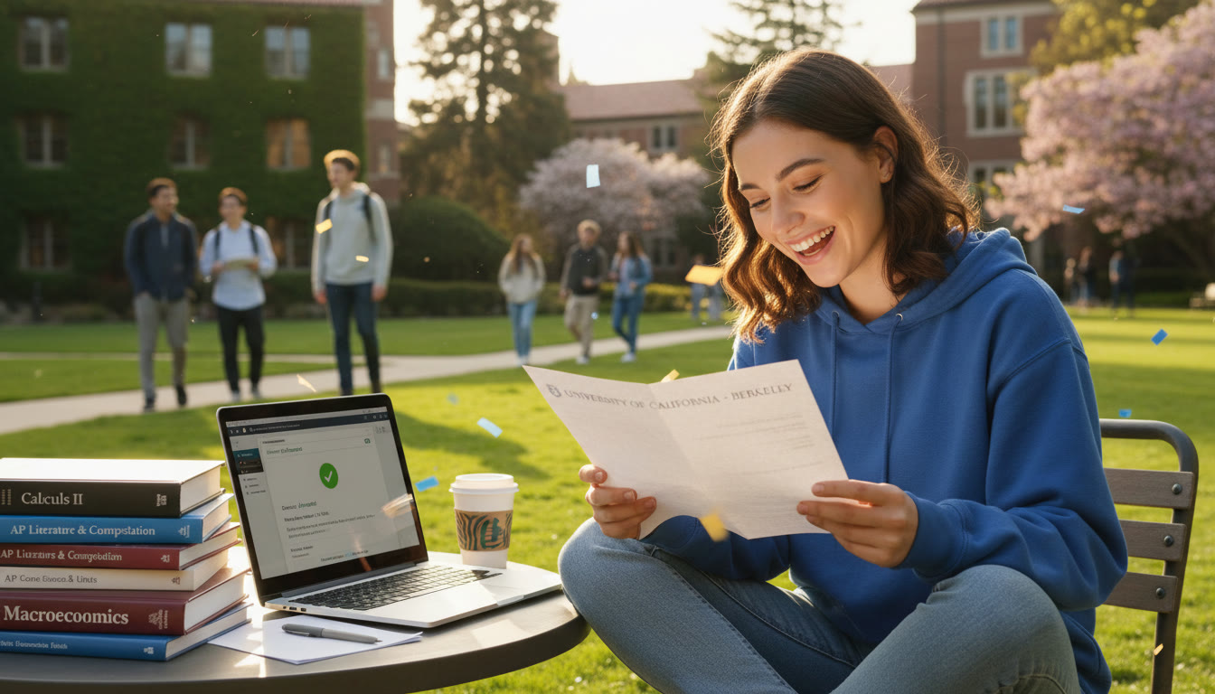 Photo Idea : A celebratory image of a student on campus looking at an acceptance letter, with textbooks and a laptop nearby   communicates the payoff of preparation, AP credit and SAT success leading to university entry and advanced standing.