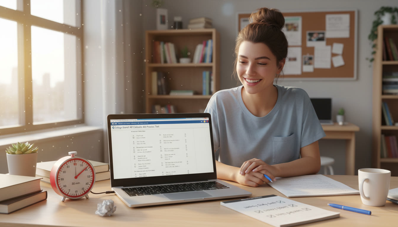 Photo Idea : A student at a desk with a laptop open to a practice test, a physical timer, and a simple checked-off habit tracker—visualizes the marriage of focused practice and tracking during exam prep.