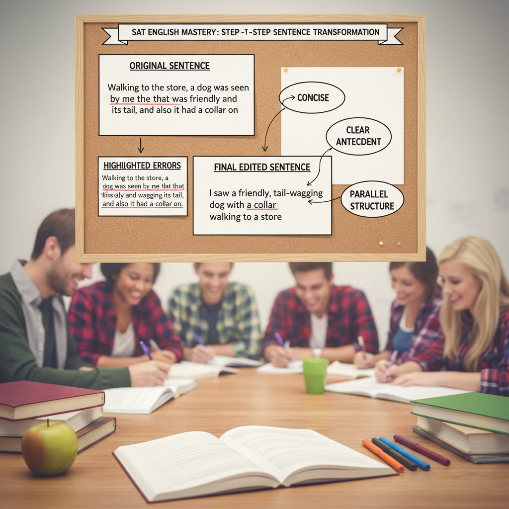 Illustration idea: A step-by-step diagram showing a sentence being transformed: original sentence, highlighted error areas, and final edited sentence with annotations like 'concise', 'clear antecedent', and 'parallel structure'.