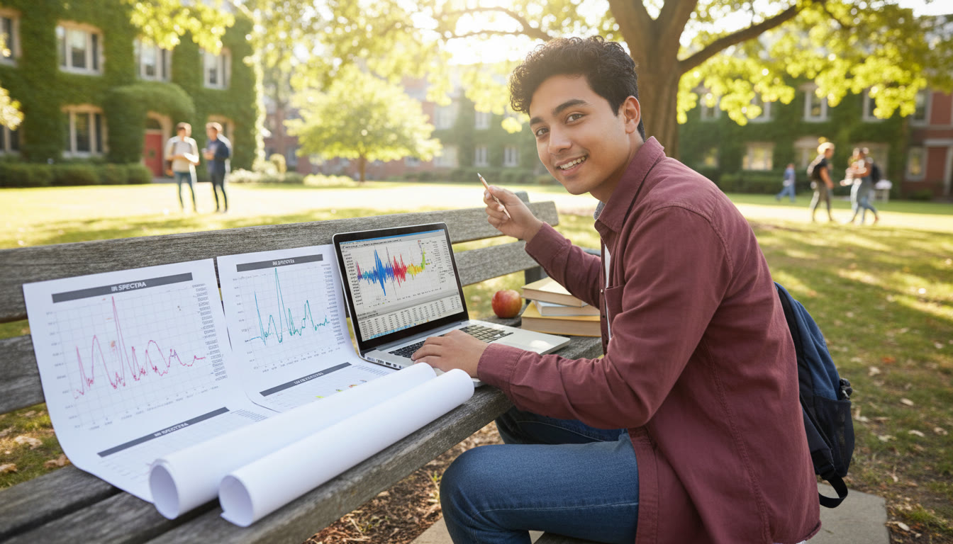 Photo Idea : A top-of-article, bright photo of a student at a bench with a spectrometer readout on a laptop and a printout of spectra—IR, MS, and UV-Vis—spread on the bench. The mood should be curious and confident, showing active learning.