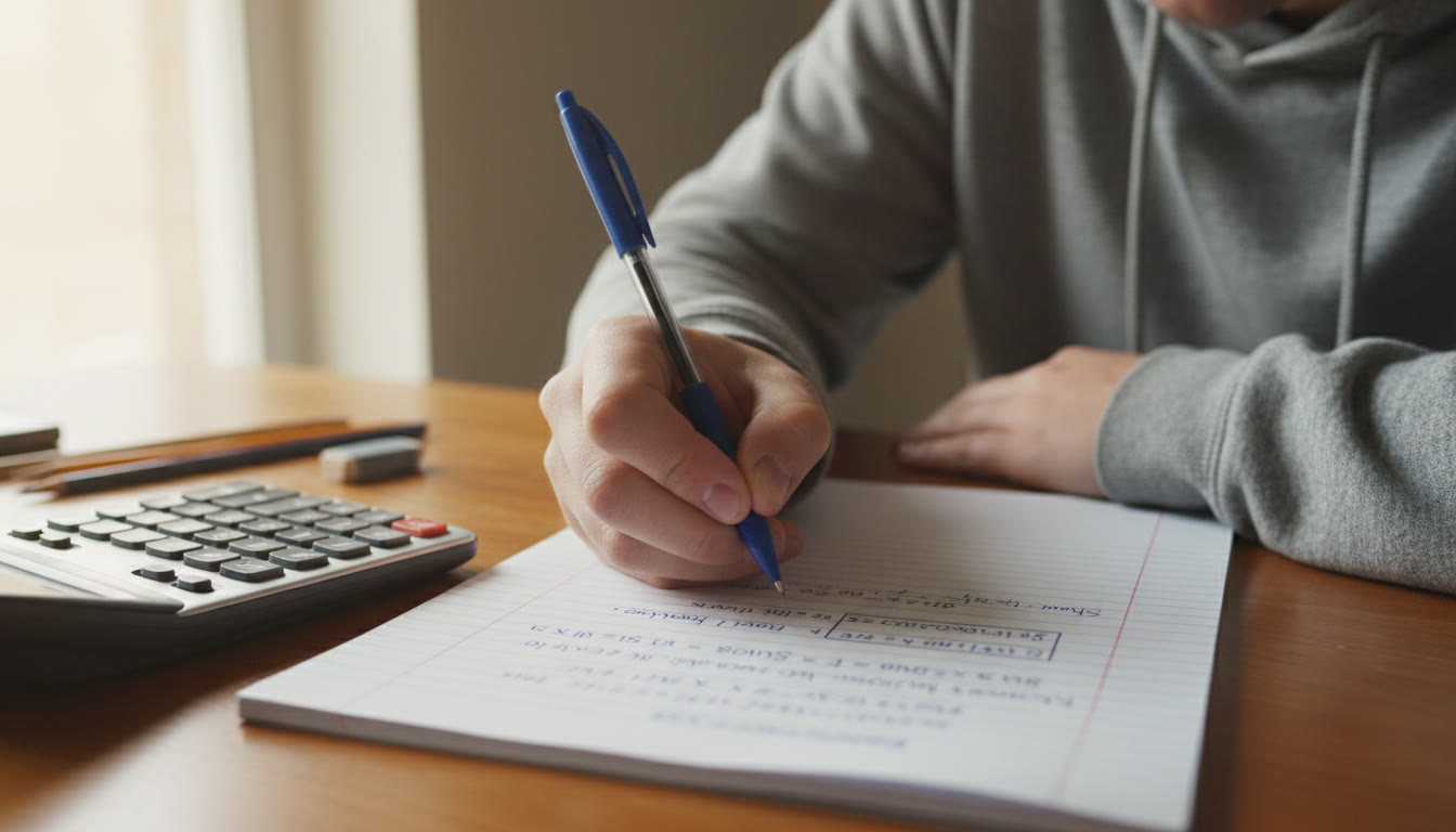 Photo Idea : Close-up of a student’s hand writing a neat FRQ solution on lined paper, with a small box around the final answer and a calculator nearby — emphasizes clean presentation and exam strategy.
