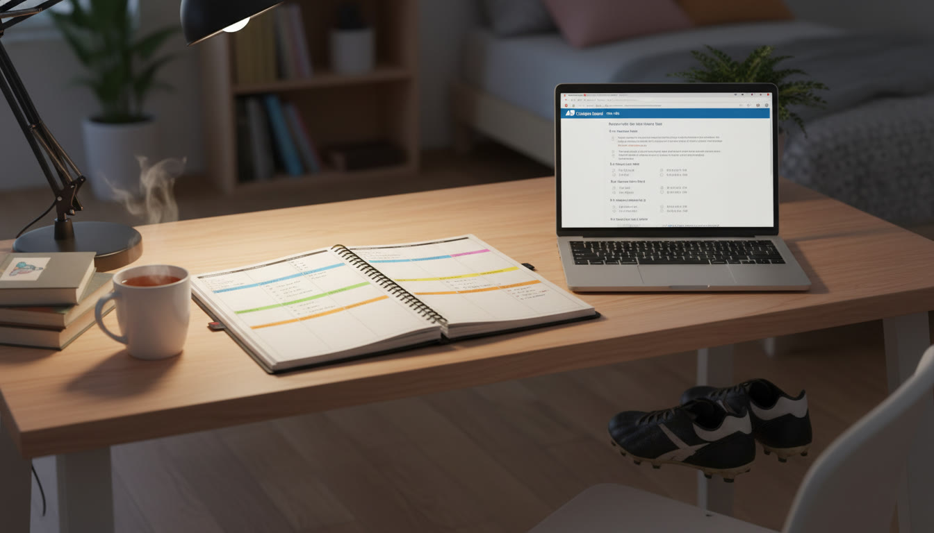 Photo Idea : A tidy desk with a color-coded weekly planner, a pair of cleats tucked beside it, and a laptop open to a practice test — warm lamp light suggesting calm evening focus.