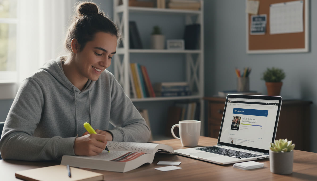 Photo Idea : A focused student at a desk with an AP practice book open, highlighter in hand, and a laptop showing AP Classroom; soft natural light to suggest calm, deliberate study.