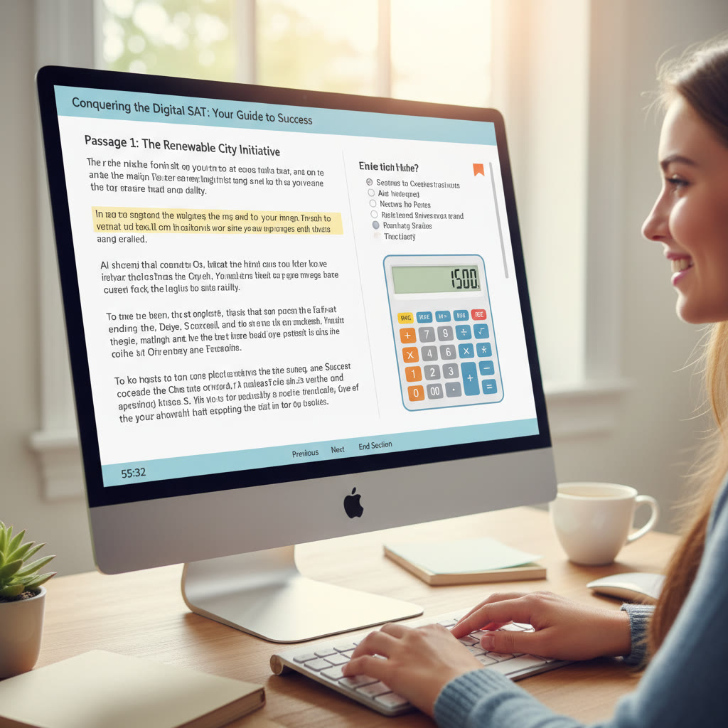 Close-up of a computer screen showing a sample digital SAT passage with highlighted text, a flagged question, and the on-screen calculator indicating familiar interface elements.