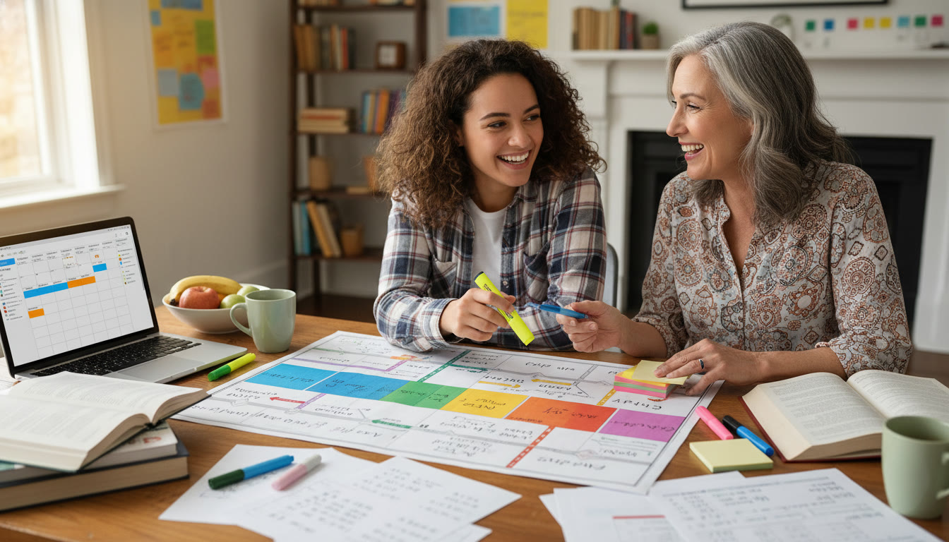 Photo Idea : A student and a tutor (or parent) reviewing a colorful roadmap planner on a table, with notes, highlighters, and a laptop open to a calendar — collaborative, supportive, and energetic.