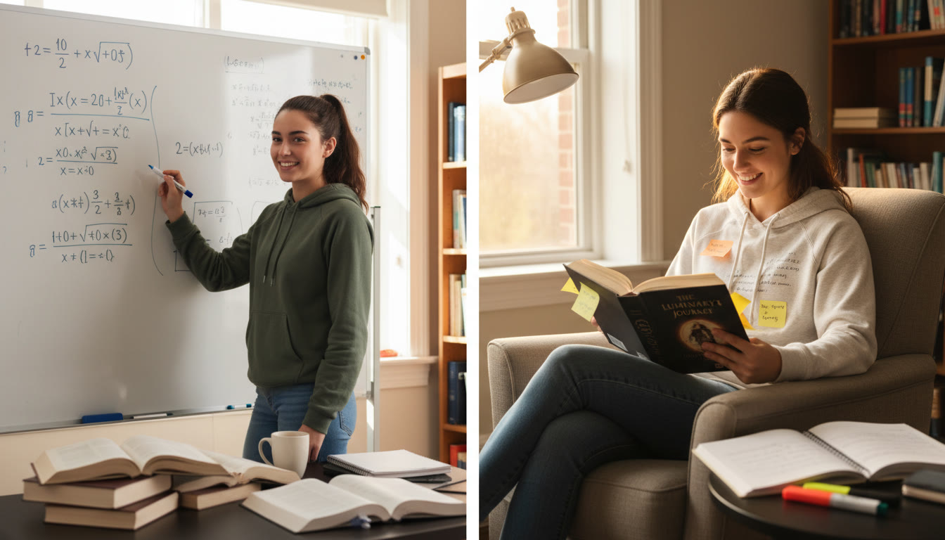 Photo Idea : A split-frame photo showing a student solving equations on a whiteboard on the left and the same student annotating a novel on the right. Natural lighting, relaxed posture, and visible notebooks to show study in motion.