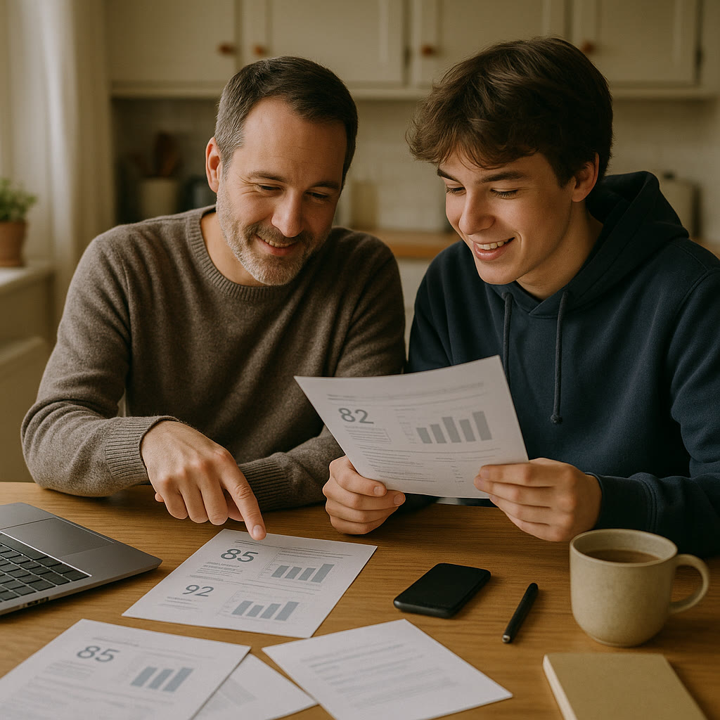 Photo Idea : A calm kitchen table scene where a parent and teen are sitting with test score printouts and a laptop, with a cup of tea nearby — conveying a relaxed, collaborative planning moment within the first third of the article.
