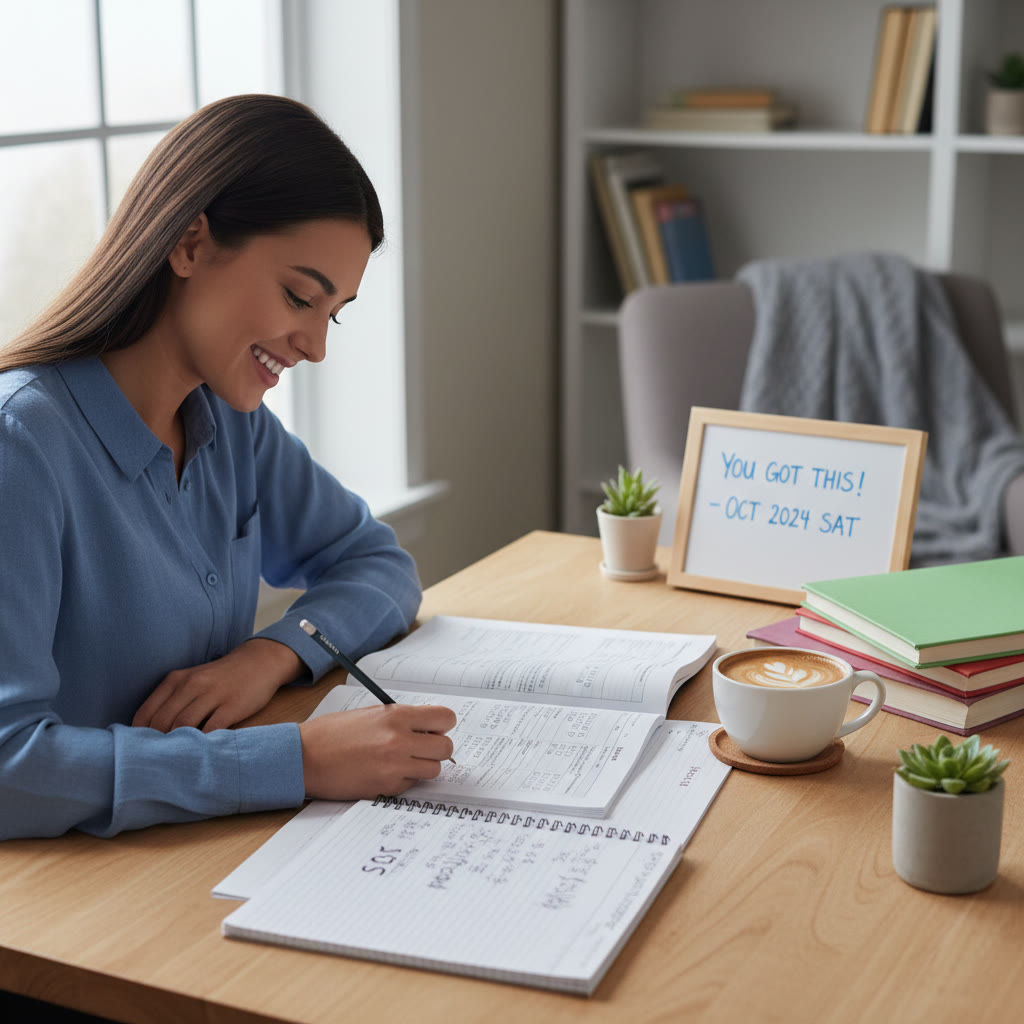 Student at desk with practice test, notebook, and a warm drink; scene shows calm, organized study space