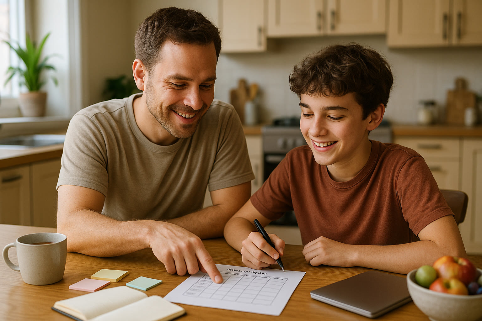 Photo Idea : A relaxed parent and student sitting at a kitchen table reviewing a short weekly plan together, both smiling—emphasis on collaboration and light touch support.