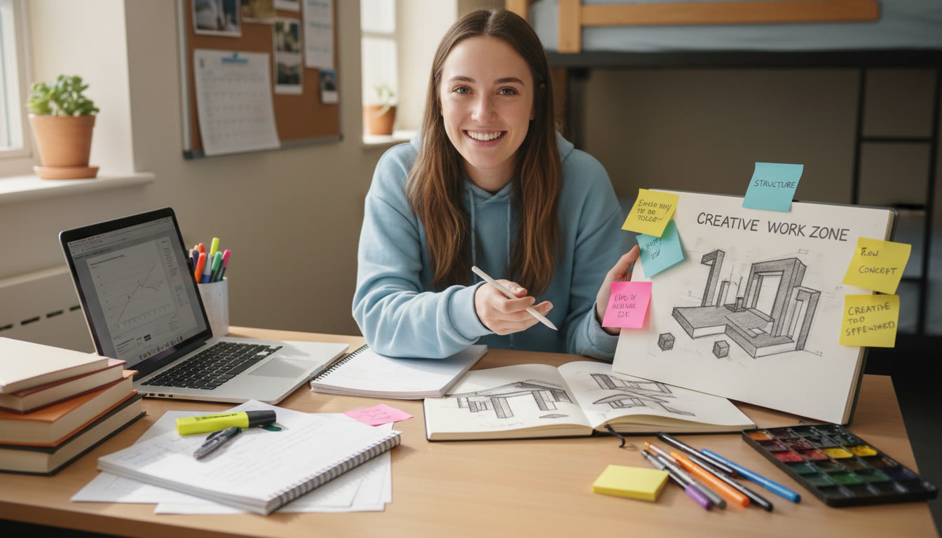 Photo Idea : A student at a tidy desk with two distinct work zones — one for research (laptop, notes) and one for creative work (sketches, sticky notes) — illustrating parallel tasks in action.
