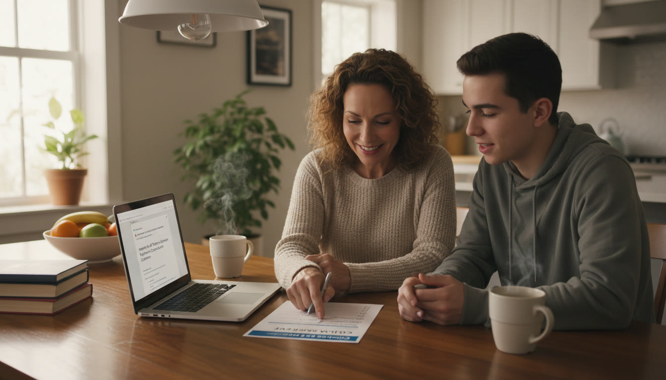 Photo Idea : A warm, well-lit photo of a parent and teen reviewing a printed AP exam checklist at a kitchen table, with a laptop open to school email — conveys collaboration and calm planning.