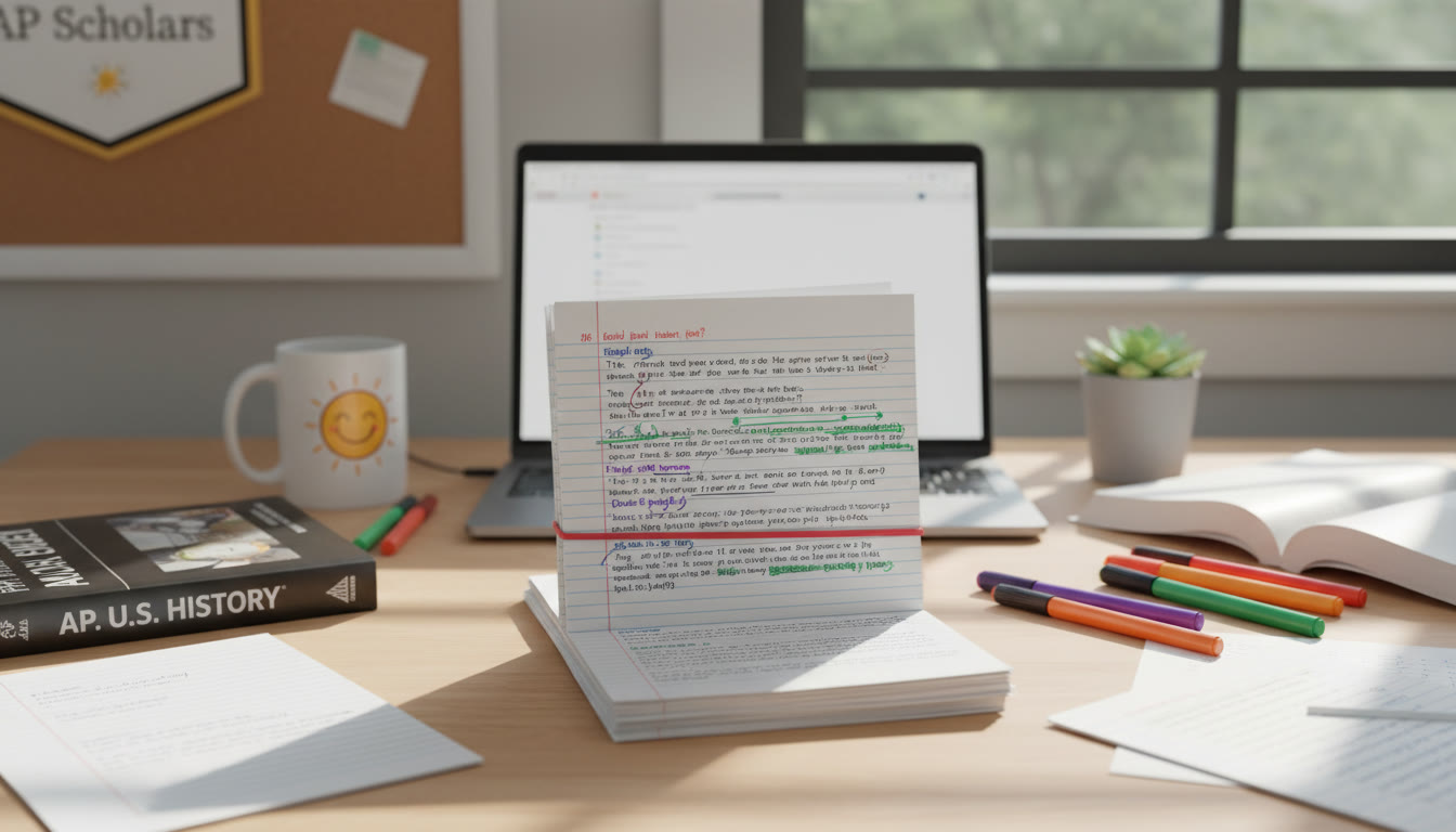 Photo Idea : A focused desk scene with three printed essays stacked, each annotated in different colored pens to show recurring edits—visual metaphor for building cohesion across multiple drafts.