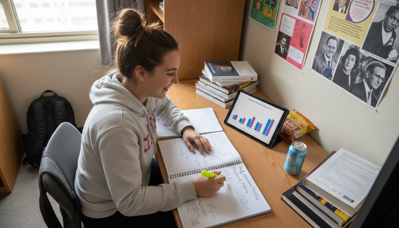 Photo Idea : A high-angle shot of a student at a desk surrounded by AP Gov notes, a tablet showing a bar chart, and a snack — capturing focused studying with data visuals visible.