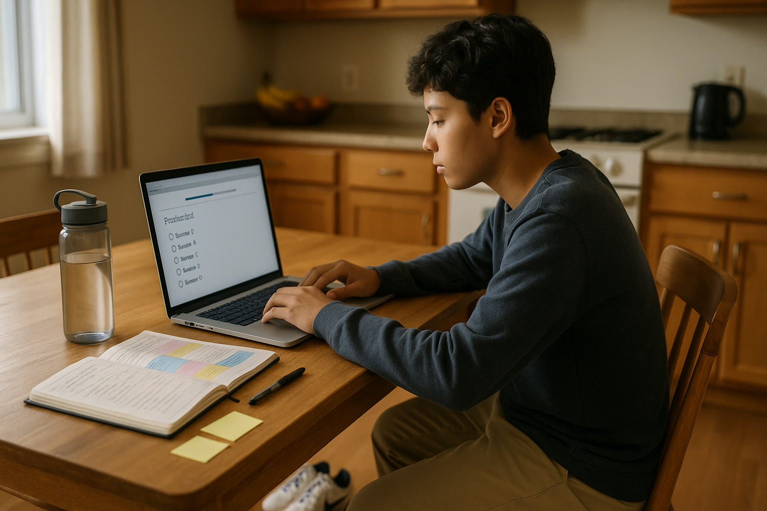 Photo Idea : A student at a kitchen table with a laptop open to a practice test, a water bottle, a pair of cleats beside the chair, and a paper planner with color-coded blocks.