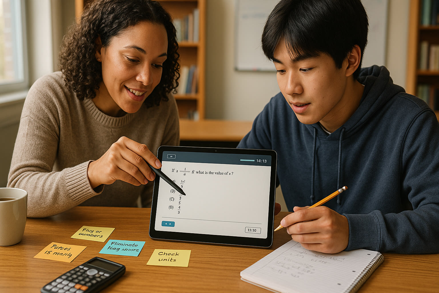 Photo Idea : A tutor and student working together on a tablet showing a practice digital SAT section; sticky notes with strategies around the tablet.