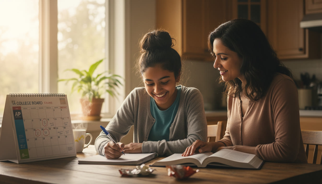 Photo Idea : Teen at a kitchen table with a notebook, calendar, and a parent smiling nearby — a warm, collaborative study moment that signals partnership rather than pressure.