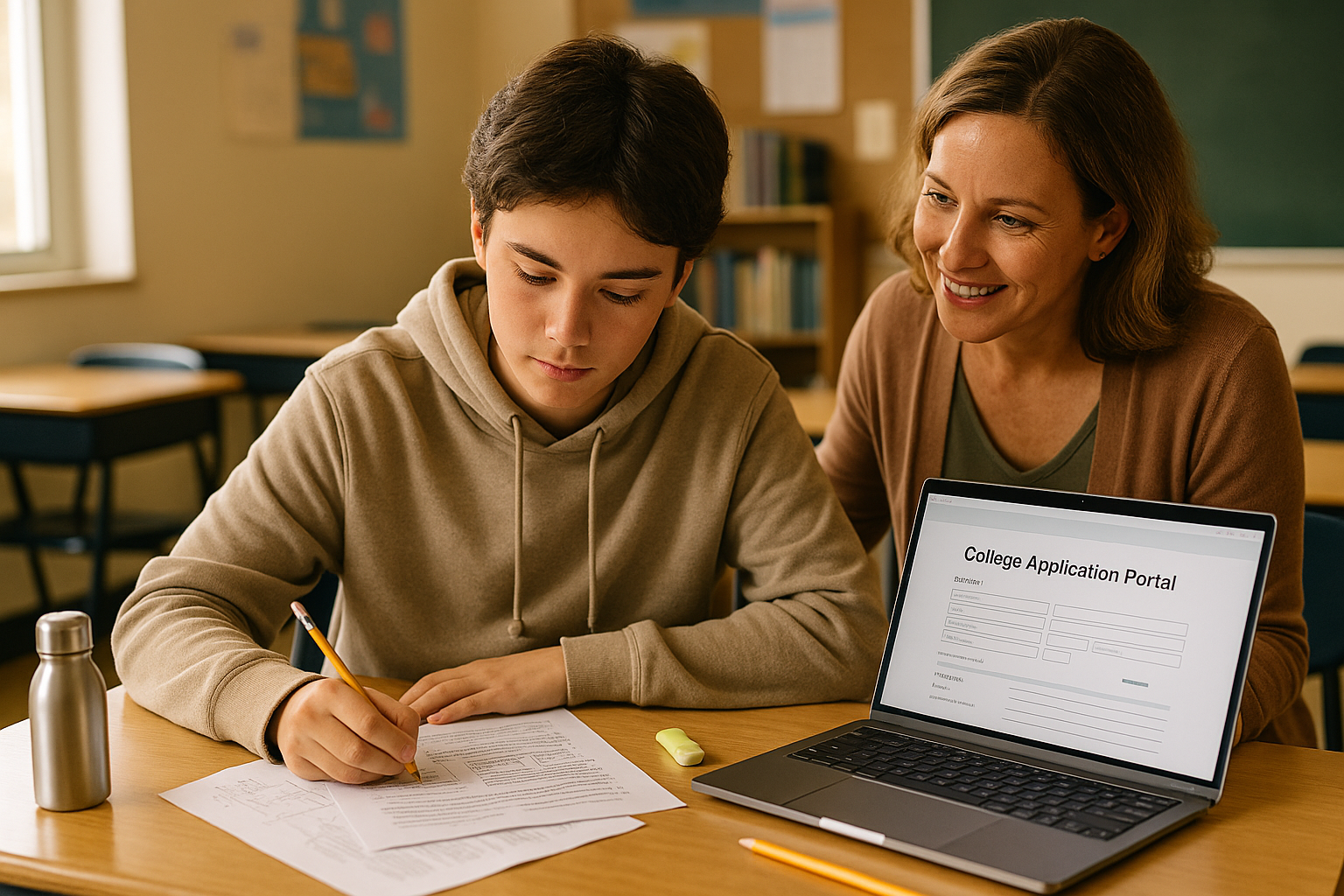 Photo Idea : A focused high-school student at a desk with test practice sheets, a laptop showing a college application portal, and a parent leaning in supportively. Bright, warm tones, candid classroom feel.