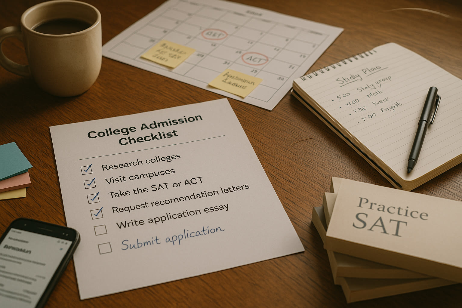 Photo Idea : A close-up of a college admission checklist on a kitchen table: test dates circled on a calendar, an open notebook with a study plan, and a small stack of practice SAT books. Natural light, casual home scene.