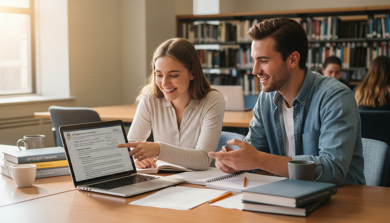 Photo Idea : A focused study scene showing a student and a tutor reviewing an AP free-response question with notes and a laptop, illustrating the value of personalized tutoring and targeted feedback.