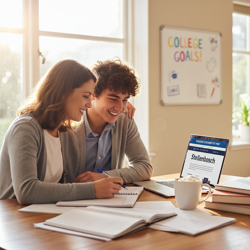 Photo Idea : A warm, natural photo of a high-school student and a parent reviewing college application notes together at a kitchen table, laptop open with the word 
