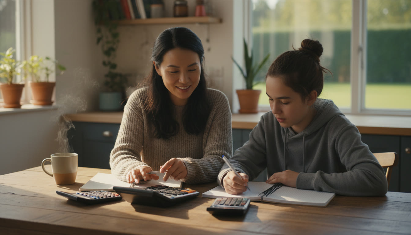 Photo Idea : A calm parent and teen at a kitchen table, spread of calculators (scientific, graphing, basic), a notebook, and a warm mug — showing practical prep in a relaxed home setting.