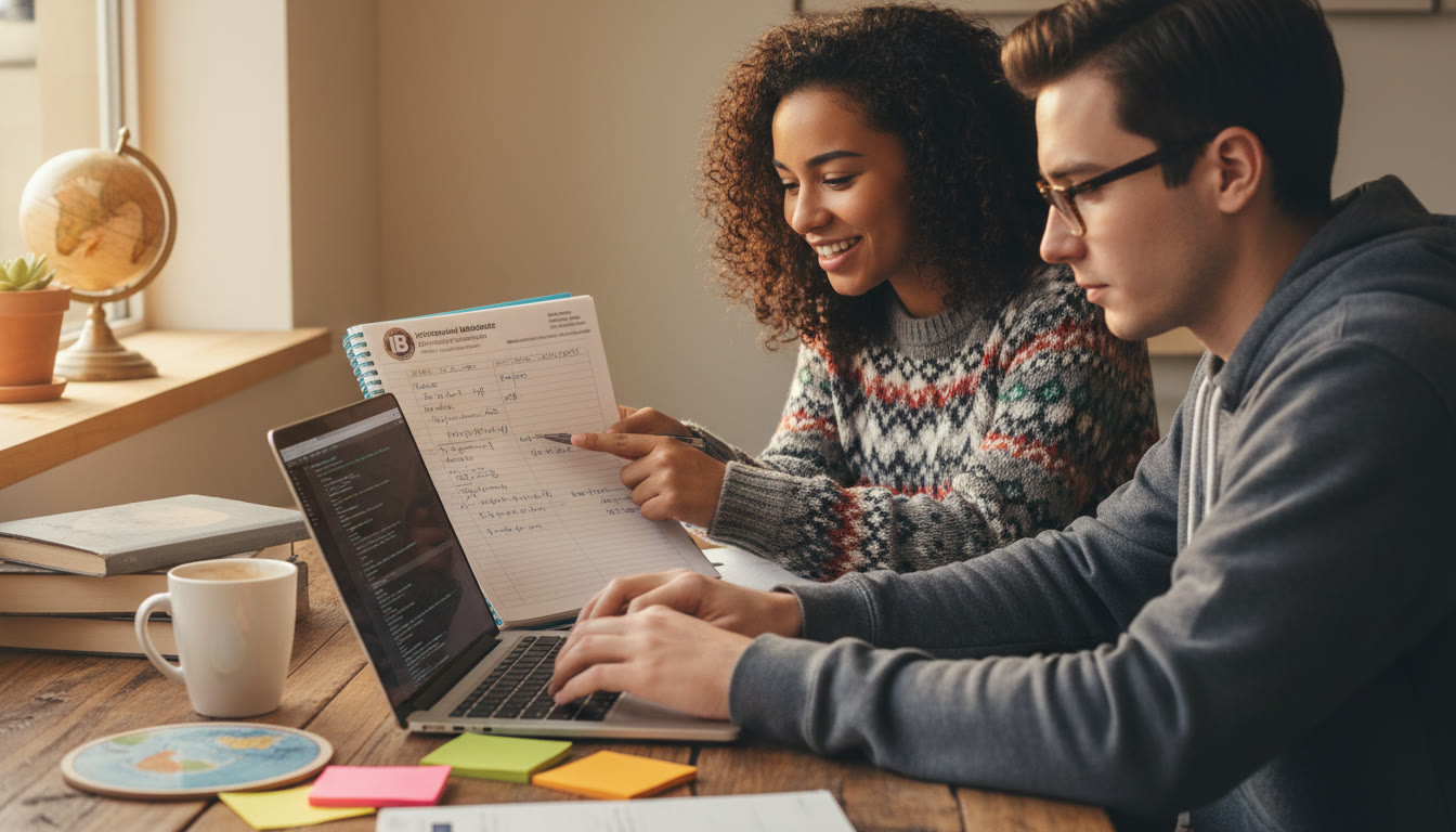 Photo Idea : A collaborative study scene showing two students—one holding an IB-style lab notebook and the other writing Java code on a laptop—on a cozy table with sticky notes and a cup of coffee. The image should feel warm, focused, and international.