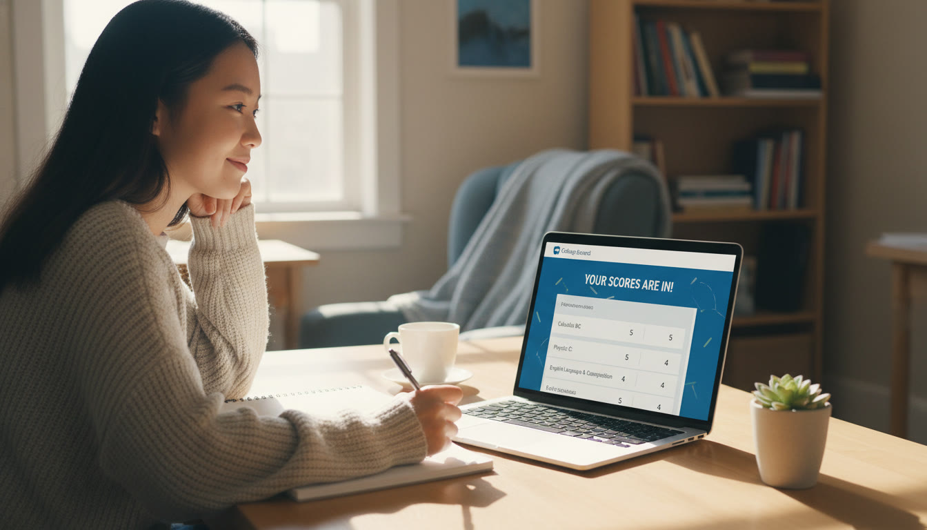 Photo Idea : A calm student at a desk, laptop open to an AP score screen, taking notes and smiling thoughtfully — capturing the ‘process, not panic’ vibe right after results release.