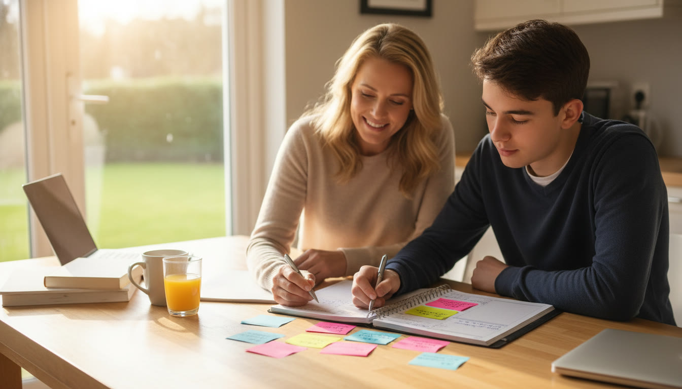 Photo Idea : A calm kitchen table with a parent and teen reviewing a planner and colorful sticky notes reflecting collaborative planning for AP and SAT prep. Warm natural light, relaxed posture.