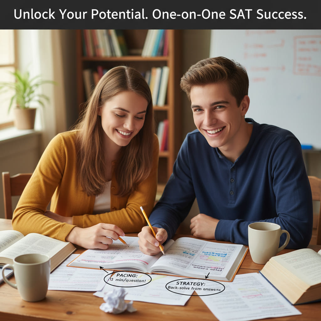 Tutor and student reviewing a practice test with annotations pointing to pacing and strategy notes—showing one-on-one guidance.