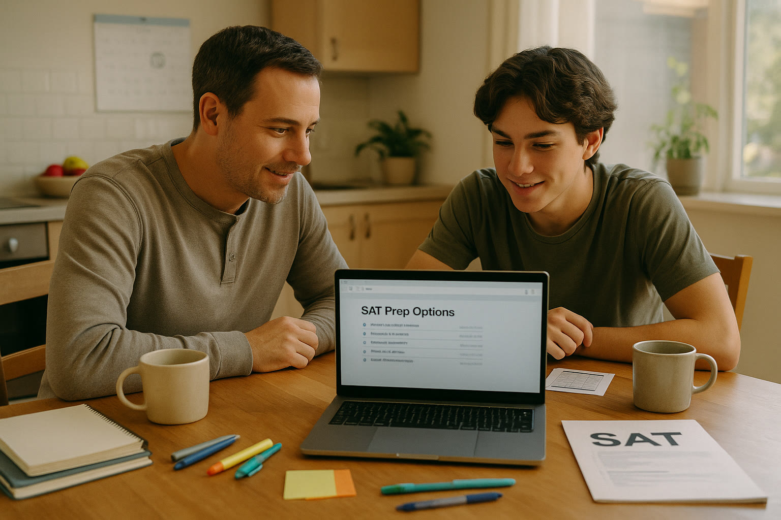 Photo Idea : A parent and teen sitting at a kitchen table, laptop open, coffee and notebooks around them, looking through SAT prep options together; natural light, relaxed but focused expressions.
