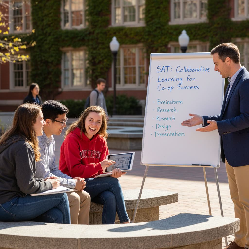 Photo Idea : A small group of students on Northeastern’s campus discussing a co-op project, with a tutor or mentor guiding them—captures experiential learning and collaboration.
