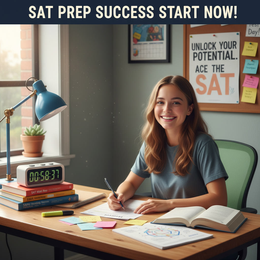 Student studying at a desk with a timer and notes spread out; focus on posture and tools for concentration.