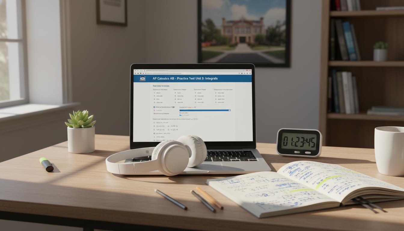 Photo Idea : A sunlit desk with a laptop showing a digital practice test, headphones, a timer, and a notebook with scribbled notes — an inviting, realistic student workspace to convey focused practice.
