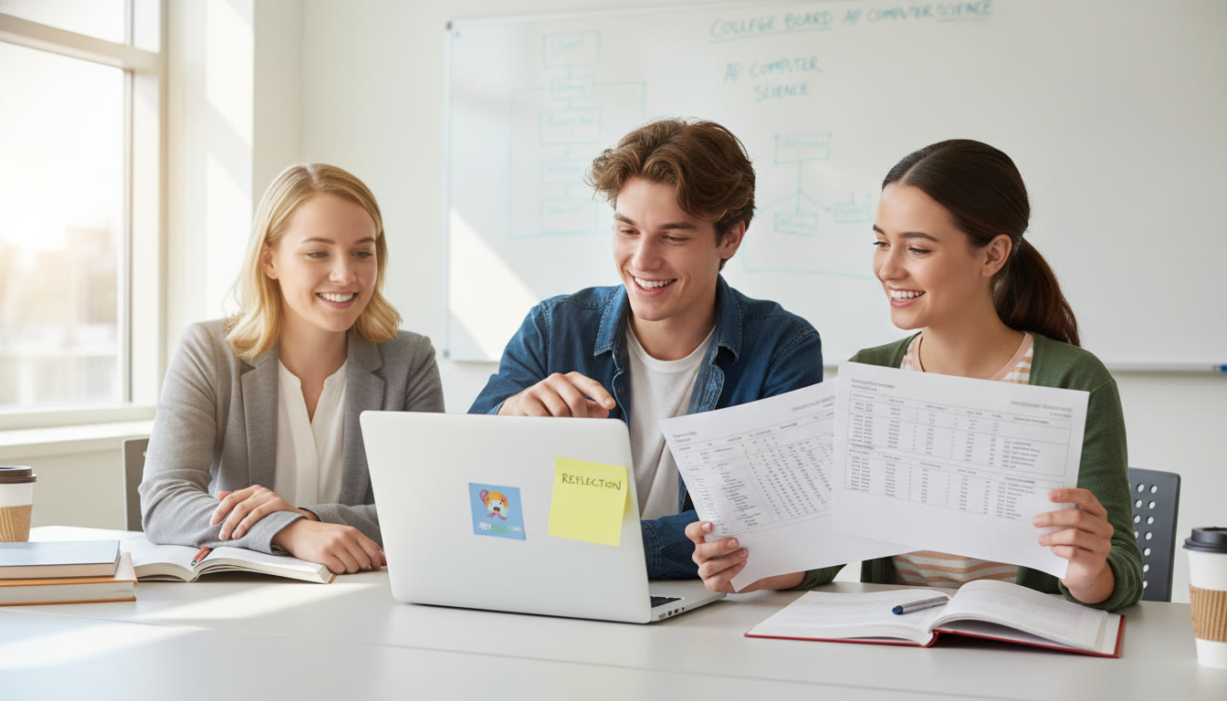 Photo Idea : Two students presenting a small app on a laptop to a teacher, showing printed test logs and a short reflection note — highlights the Create Task presentation and testing process.