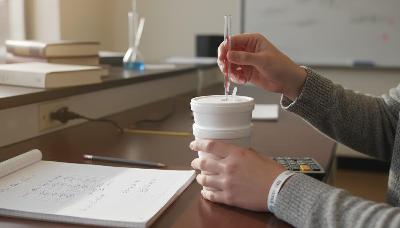 Photo Idea : Close-up of a student’s hands setting up a calorimeter (polystyrene cup, thermometer, stirrer) on a lab bench with a notebook open showing initial temperature readings and calculations.