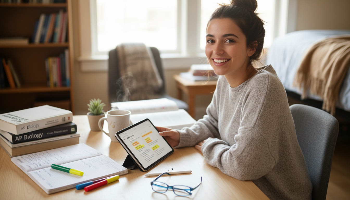 Photo Idea : A student at a desk mid-study with a neat spread: notebook with margin notes, a tablet showing a digital PDF with highlights, a cup of tea—scene shows the blend of paper and digital strategies in a relaxed, focused environment.