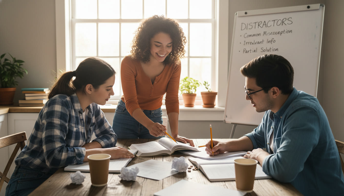 Photo Idea : A small study group working together at a kitchen table, notebooks open, one student explaining a problem to others—warm, collaborative, and action-oriented to illustrate peer review of distractors.