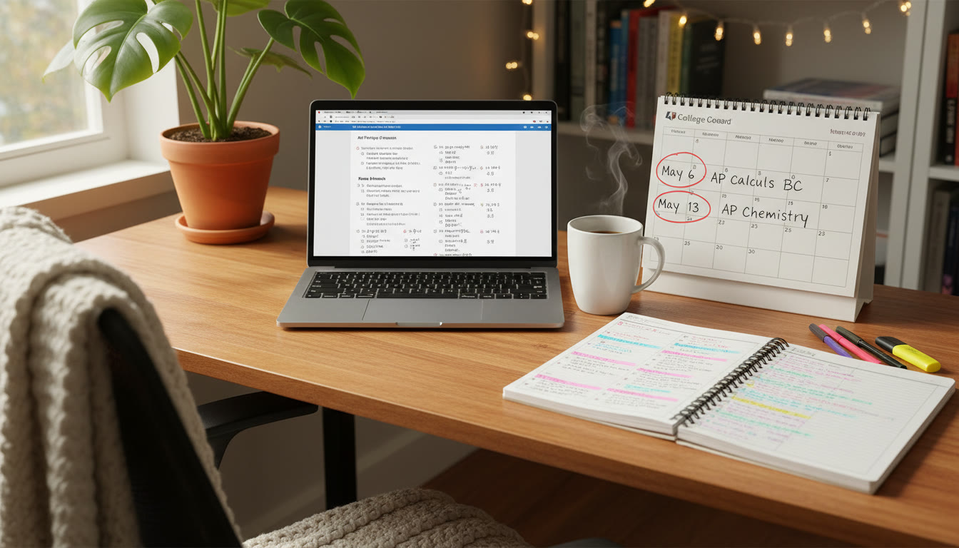 Photo Idea : A cozy study corner with a laptop open to practice problems, a notebook with color-coded notes, and a calendar marking exam dates. Natural light, a houseplant, and a coffee mug nearby to suggest focused, comfortable study.