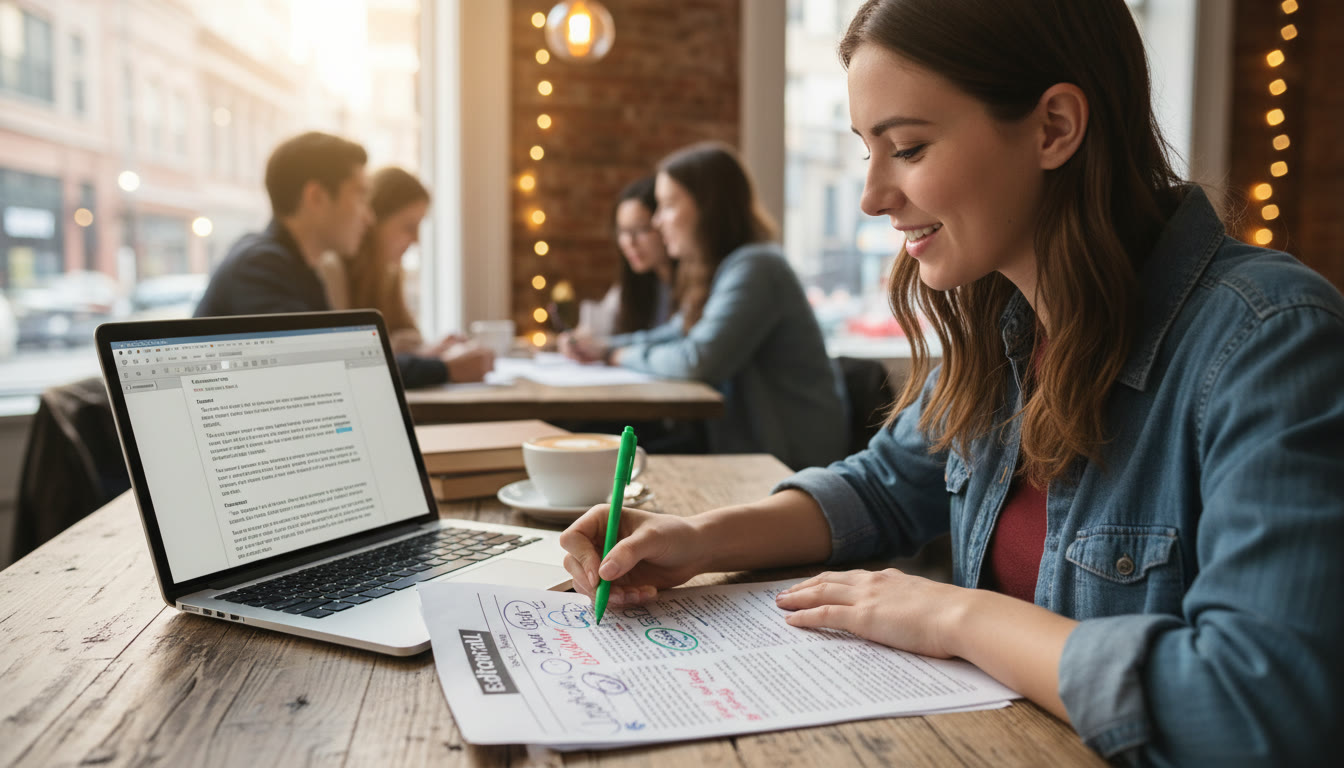 Photo Idea : A student at a café marking up a printed editorial with colored pens and a laptop open to a draft — showing active rhetorical analysis practice in a real-world study session.